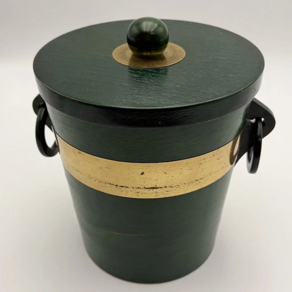 Vintage Ice Bucket Mid Century Modern Green with Gold Trim Plastic Liner